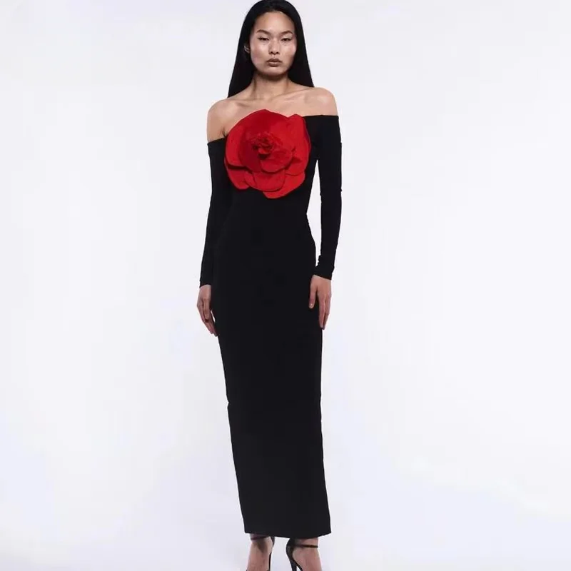 

2024 Elegant and Pretty Women's Dresses Off Shoulder Long Sleeves Red Big Flower Patchwork Black Party Gown