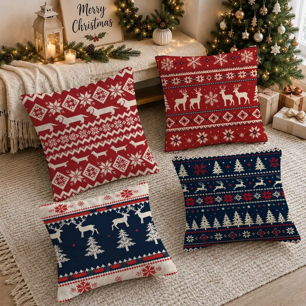 Christmas Adorable Reindeer Cushion Cover Soft Short Plush Double-Sided Printing Sofa Home Decor Festival Pillow Case Gifts