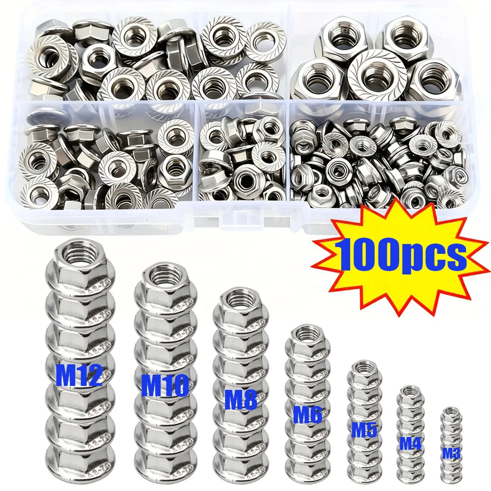 100-Piece Stainless Steel Hexagonal Flange Nut Set M3-M10, for Maintenance of Mechanical Parts and Home Outdoor Construction.