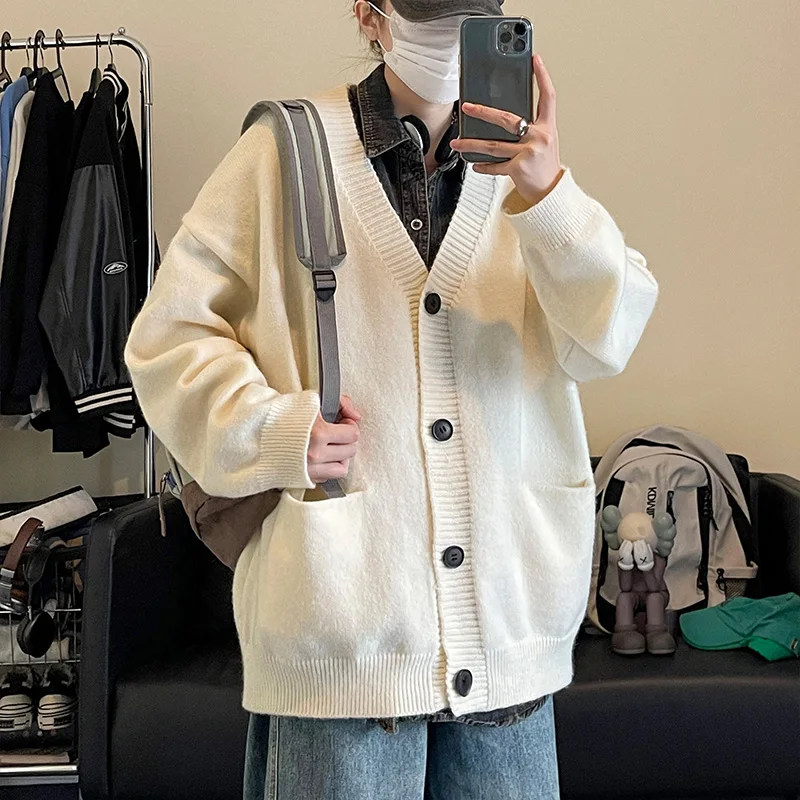 

V-Ne Knitted Sweater Coat Men's Spring Autumn Sle Lazy Cardigan Sweater Teenage Trend Loose Couple Yarn Clothes