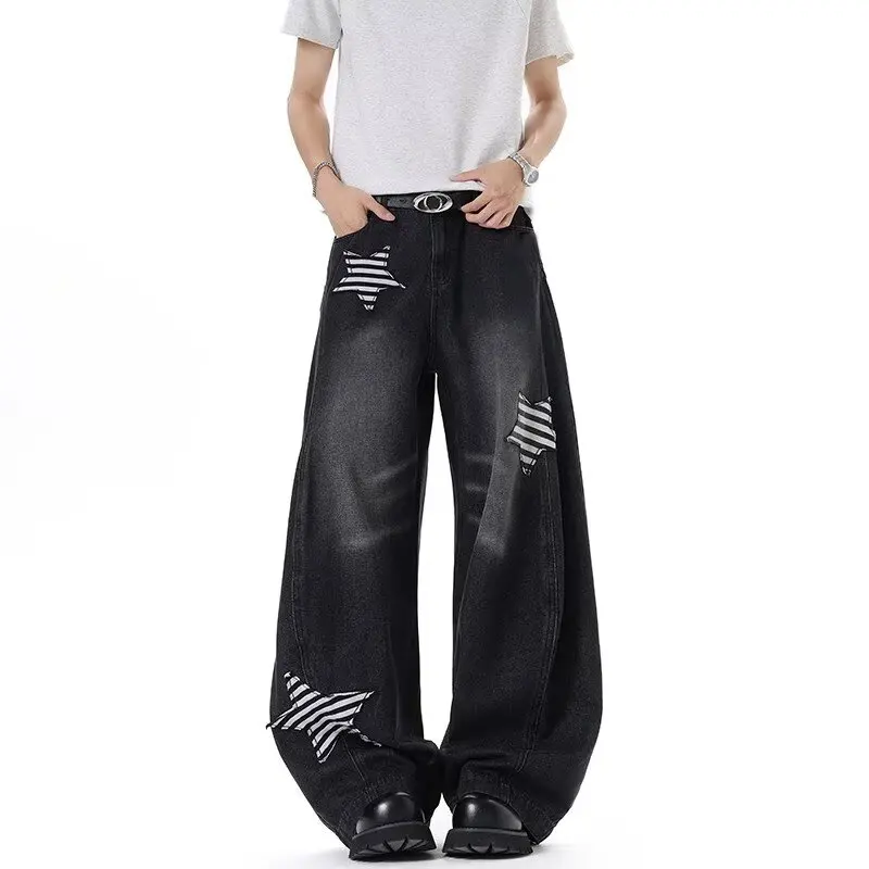 

Уличная одежда Cyber Y2K 2025 года, мешковатые джинсы с черной звездой и вышивкой, брюки для мужчин, одежда, длинные брюки Staright Pantalon Homme