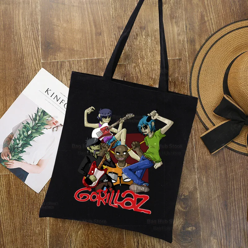 Gorillaz-Bolsa de compras grande para mulheres, bolsas de pano preto, bolsas de ombro Eco, música moderna, bolsa de compras