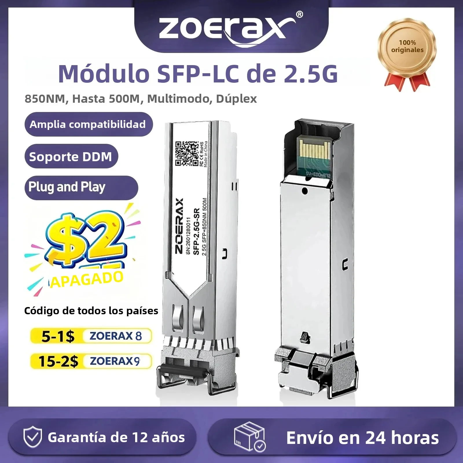Módulo Transceptor SFP+ Multimodo LC Dúplex ZoeRax 2.5G 850nm 500m DDM, Módulo de Fibra Óptica para Cisco/TP-Link/Otras Marcas