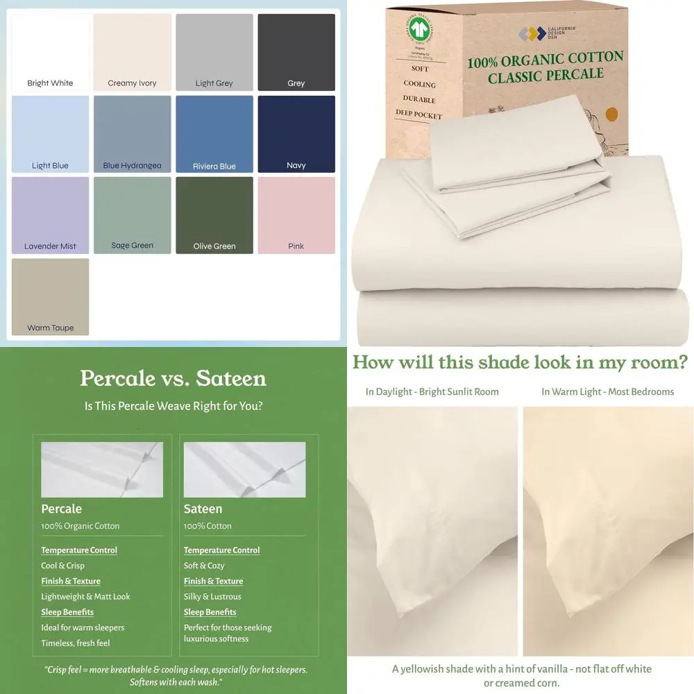 

Organic Queen Bedding Set - Soft 100% Cotton Sheets with Deep Pockets, Crisp Percale, Breathable & Durable Ivory Bed Set