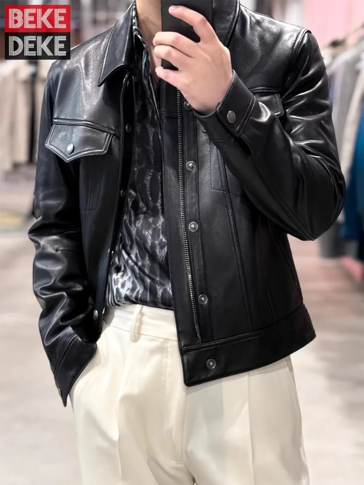 Luxury Mens Slim Fit Sheepskin Genuine Leather Jacket Business Casual Work Coat Italian Designer Autumn Soft Real Leather Jacket