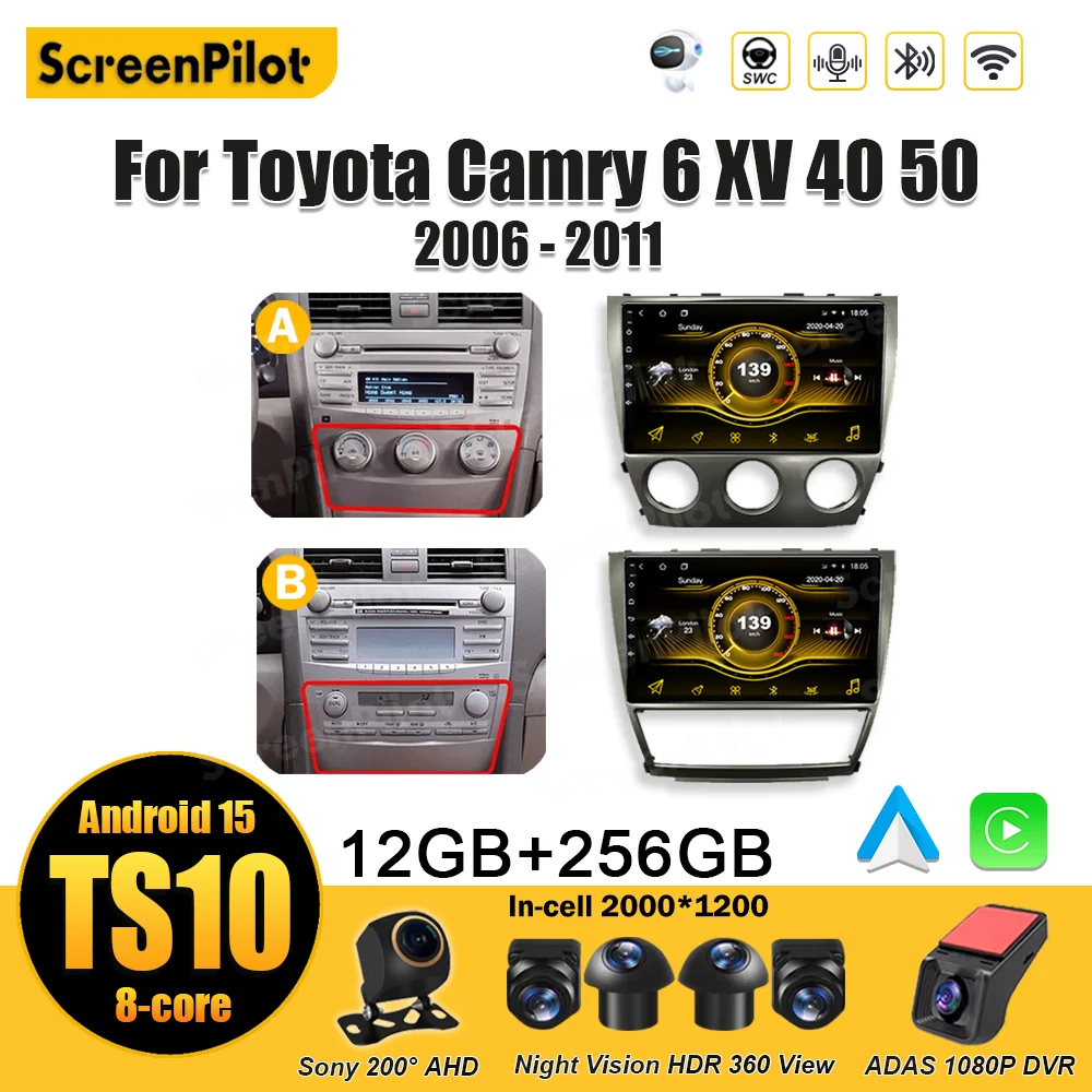 

For Toyota Camry 6 XV 40 50 2006 2007 2008- 2011 Android 15 Multimedia Video Player GPS Navigation Android Auto Bluetooth DSP
