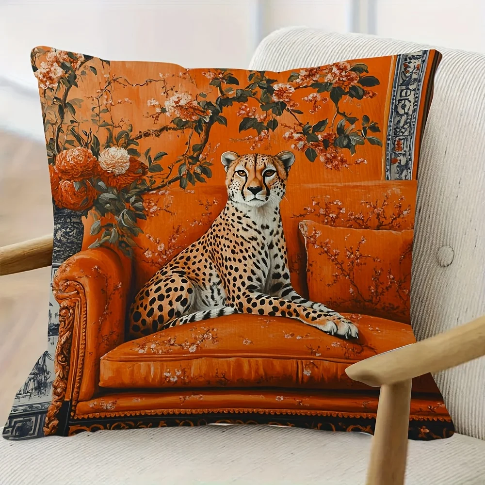 Elegant Cheetah Orange Chinoiserie Decorative Pillow Cover 18x18 Inch Short Plush Double Sided Print Ideal For Sofa