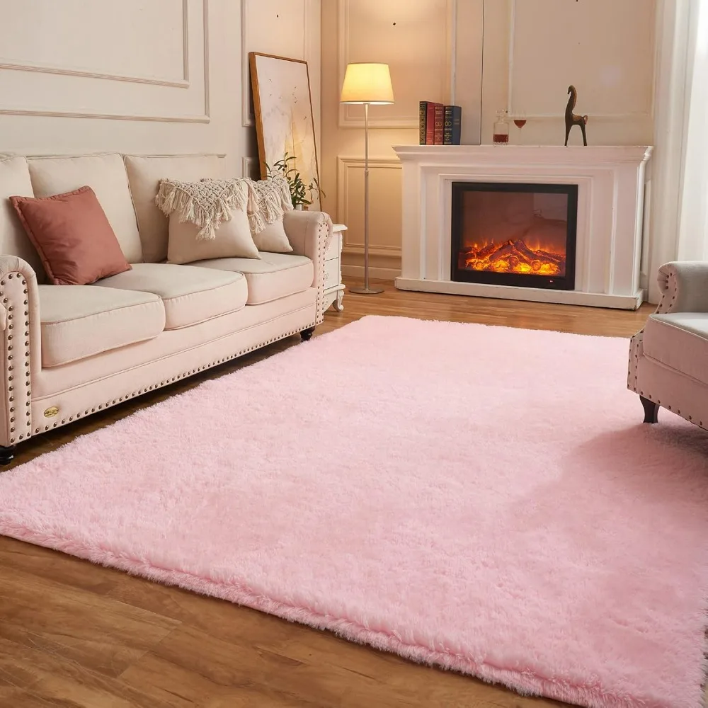 Area Rugs for Living Room Bedroom, 9X12 ft Pink Fluffy Fuzzy Shag Small Carpet Soft Plush Furry Clearance Rug, Cute Rugs