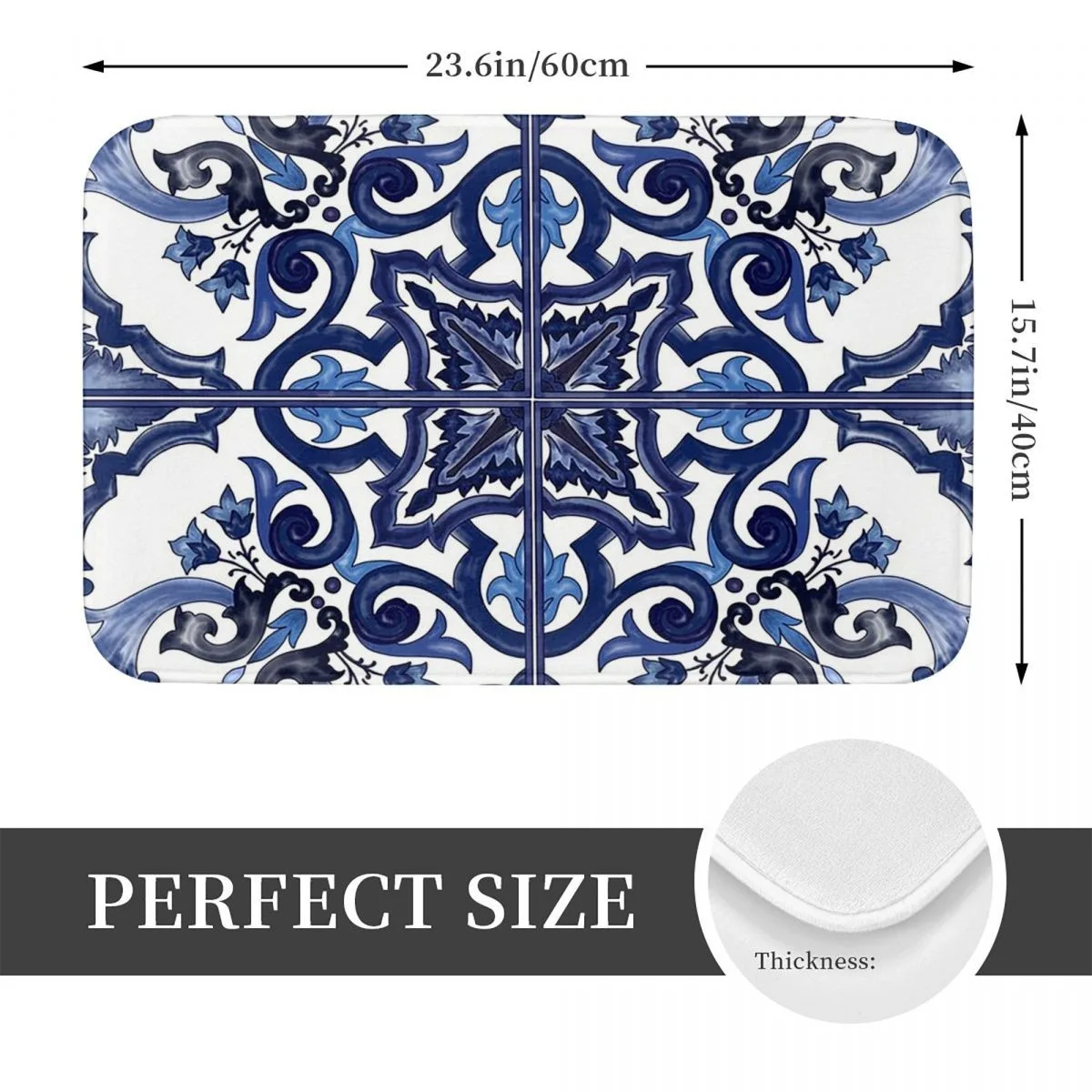Blue Ornate Floral Carpet Mediterranean Sicilian Tile Doormat Floor Mat Rug for Kitchen Entrance Bedroom Non-slip Floor Mat
