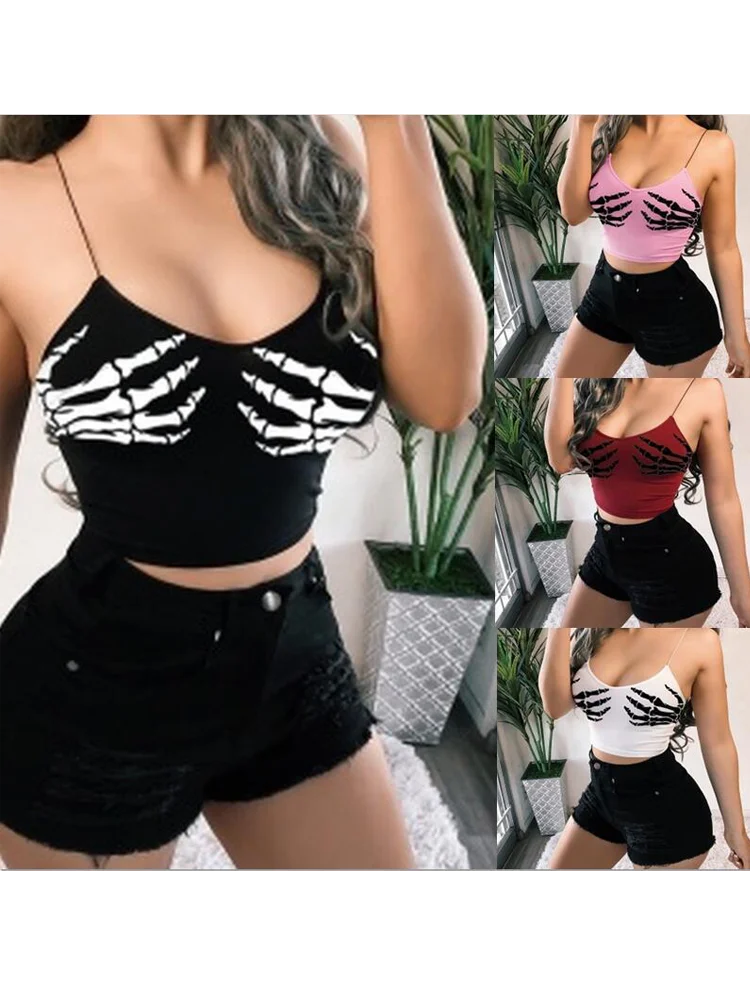 

Summer Women's Crop Top Halloween Skeleton Print Backless Camisole Sexy Elastic Female Strap Top Sleeveless Short Tank Top Bra
