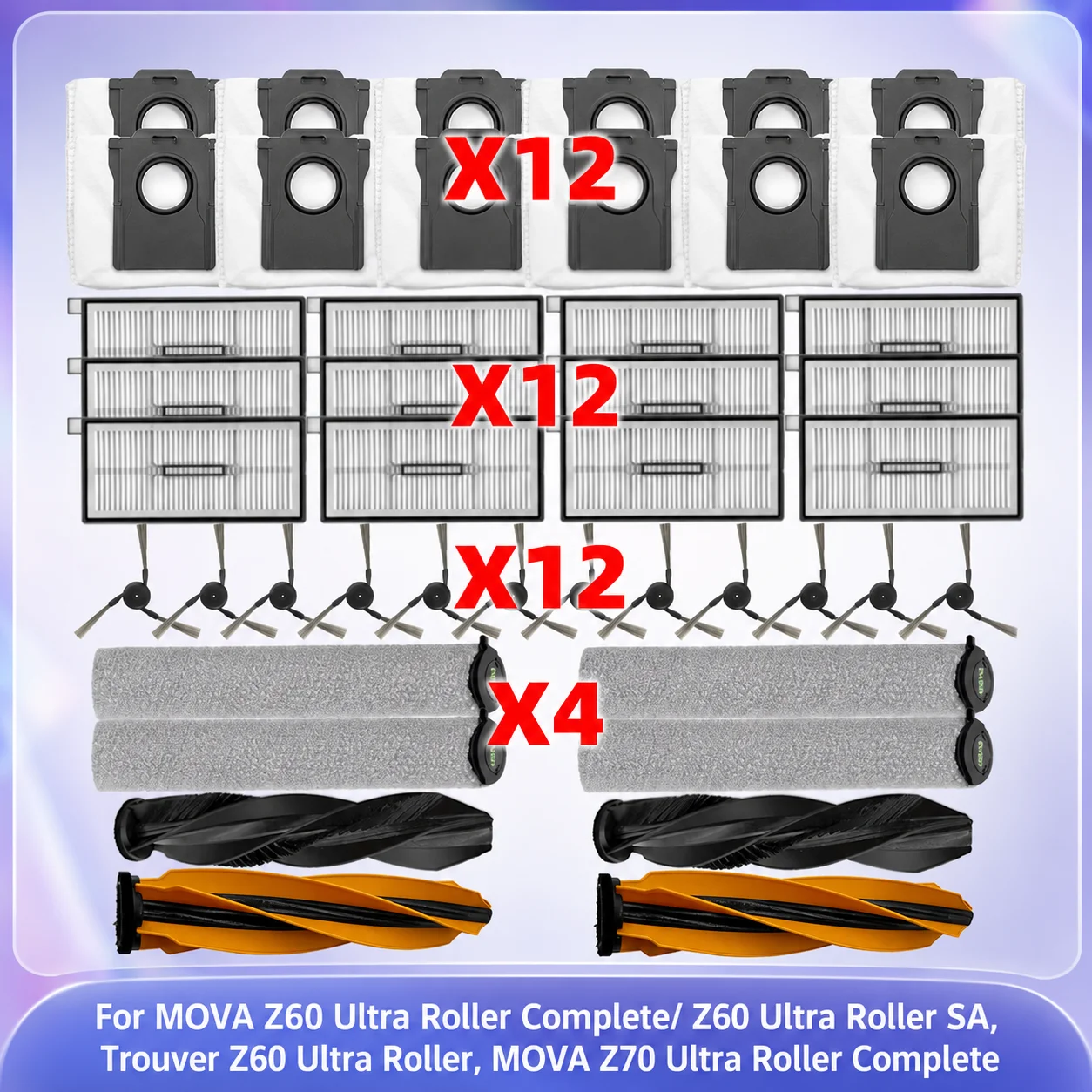 Compatible para MOVA Z60 Ultra Roller Complete / Z60 Ultra Roller SA/ MOVA Z70 Ultra Roller Piezas de aspiradora rodillo principal cepillo lateral bolsa filtro rodillo paño de fregona accesorios