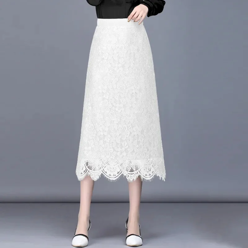 

Black&White High Waist Lace Half Skirt Women's Mid length Spring Autumn Over Knee slimming Bag Hip Drop Skirts Elastic Waist