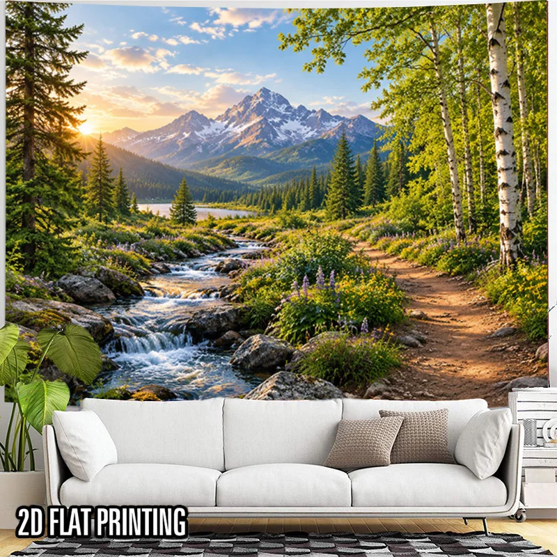 Forest Creek Wall Tapestry, Sunrise Snow Mountain Birch Pine Wildflower Stream Scenery for Photoshoot Studio Backdrop Home Decor