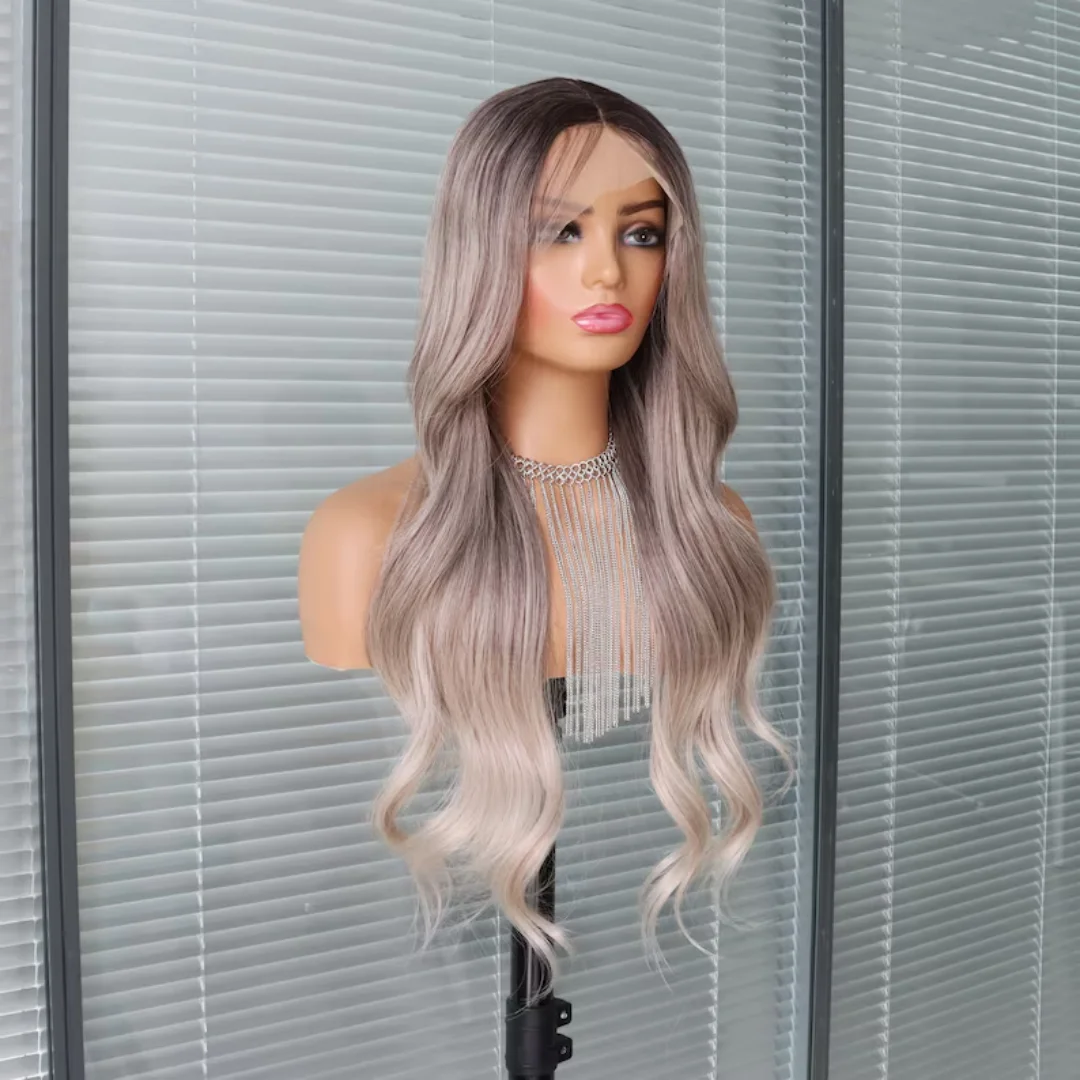 Aschblonde Perücke mit Pony, gewellt, Ombré-Braun bis Blond, Perücke mit Pony, synthetische Lace-Front-Perücken für Frauen, Cosplay-Verwendung