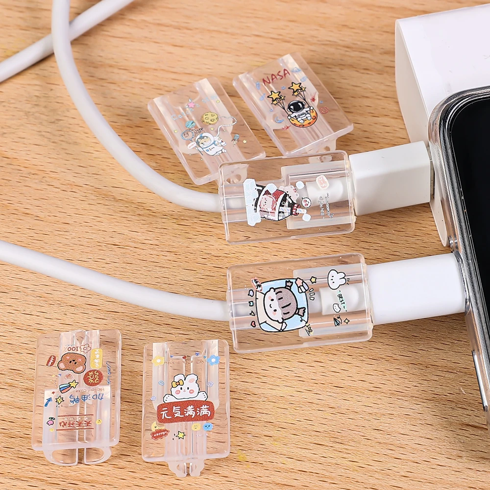 Cartoon Transparent Fixed Clip For Apple iPhone Charging Cable Winder Soft TPU Protective Cover USB Cord Protector Holder Clips
