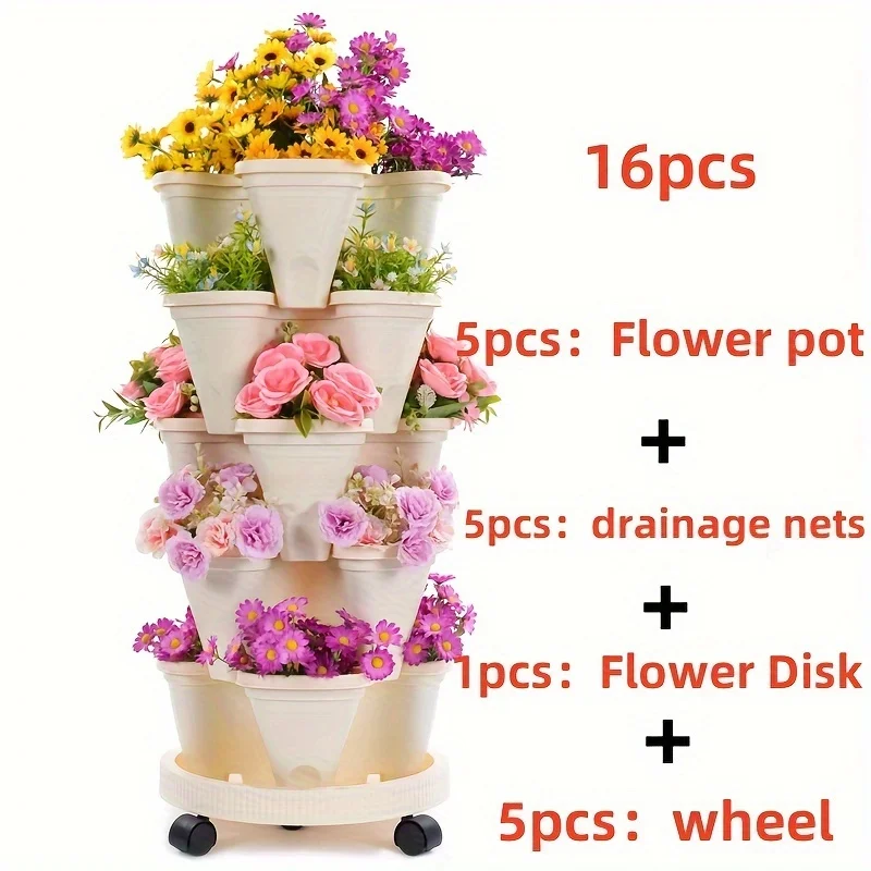 Hot Sale 1 Set/16 Pieces，5 Stackable Flower Pot - Vertical，Suitable for flowers、Vanilla、Strawberries and vegetables - New and du