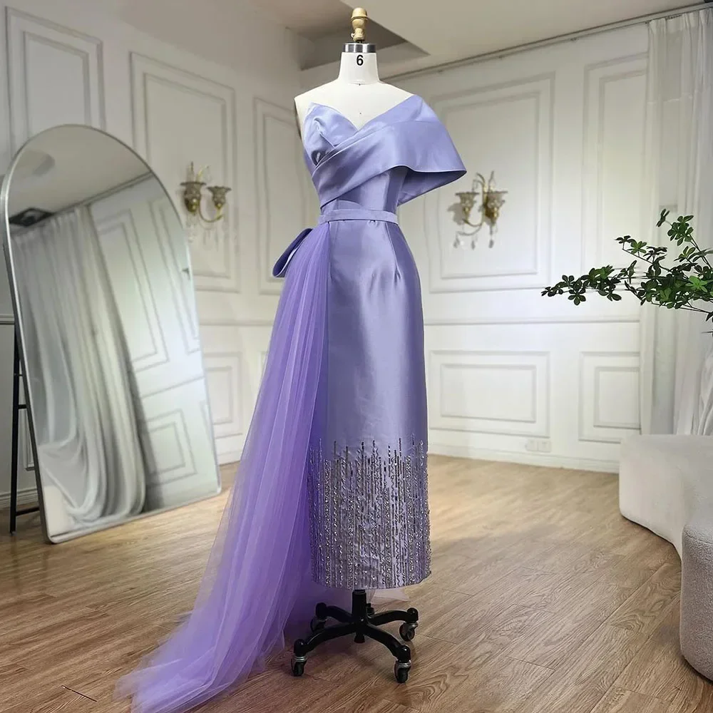 Serene Hill Lilac Satin Mermaid Beaded Tea Length Evening Dresses Wedding Party Gowns For Women 2025 DLA72194 Customized