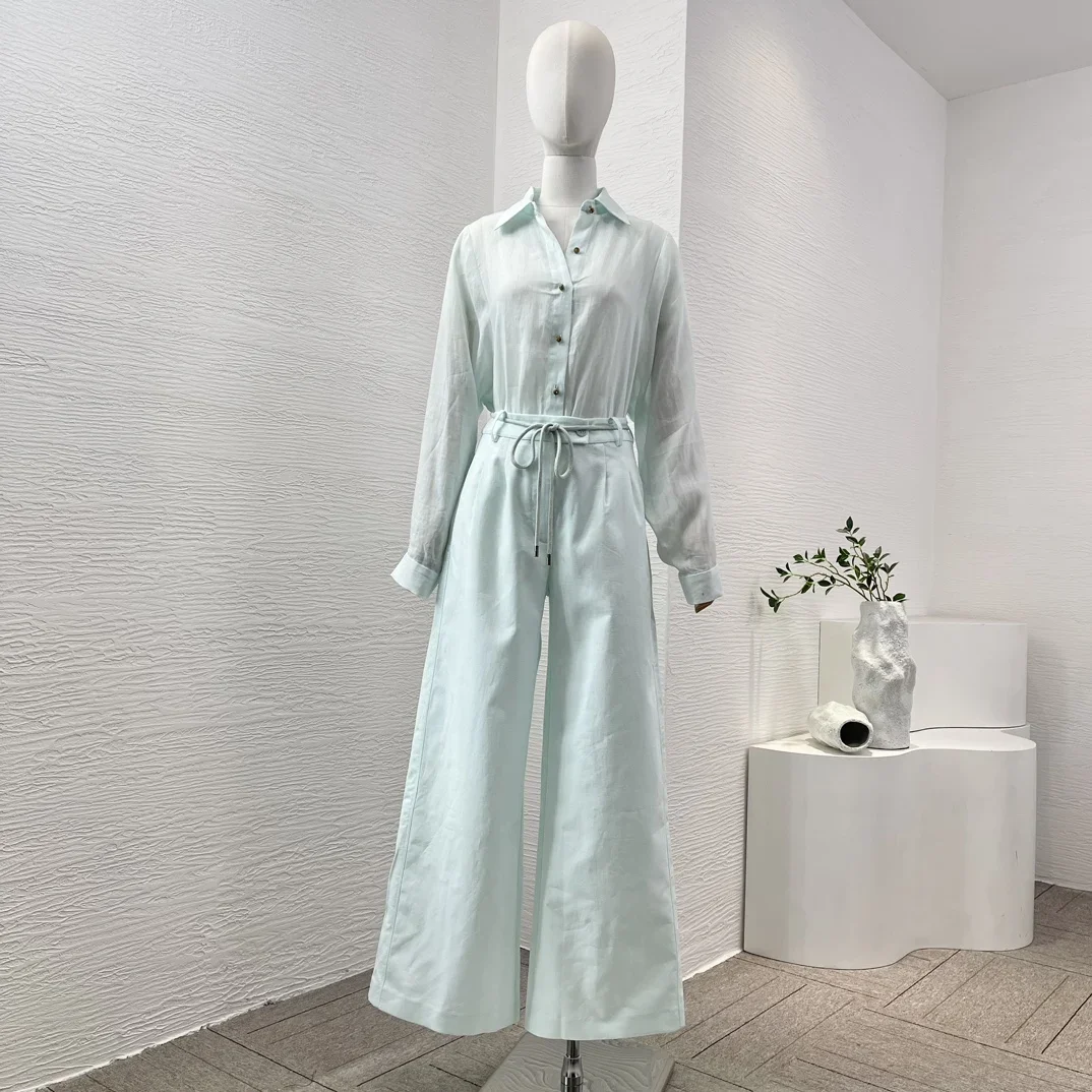 Blusa de ramio de alta calidad, conjunto de Tops y pantalones cortos de lino, nueva colección, mujer, sólido clásico, azul marino, manga larga