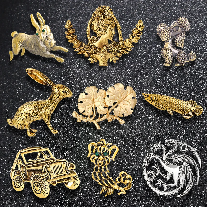 Vintage Women Girls Creaive Rabbit Dog Brooches Badges Retro Baroque Palace Angel Metal Pins For Lady Clothing Sweater Corsage