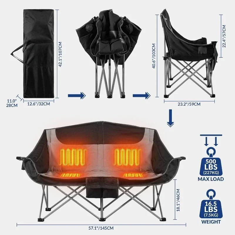 Heated Double Camping Chair, 2-Person Folding Camp Chair with 12V 16000mAh Battery Pack, Heated Portable Loveseat Chair