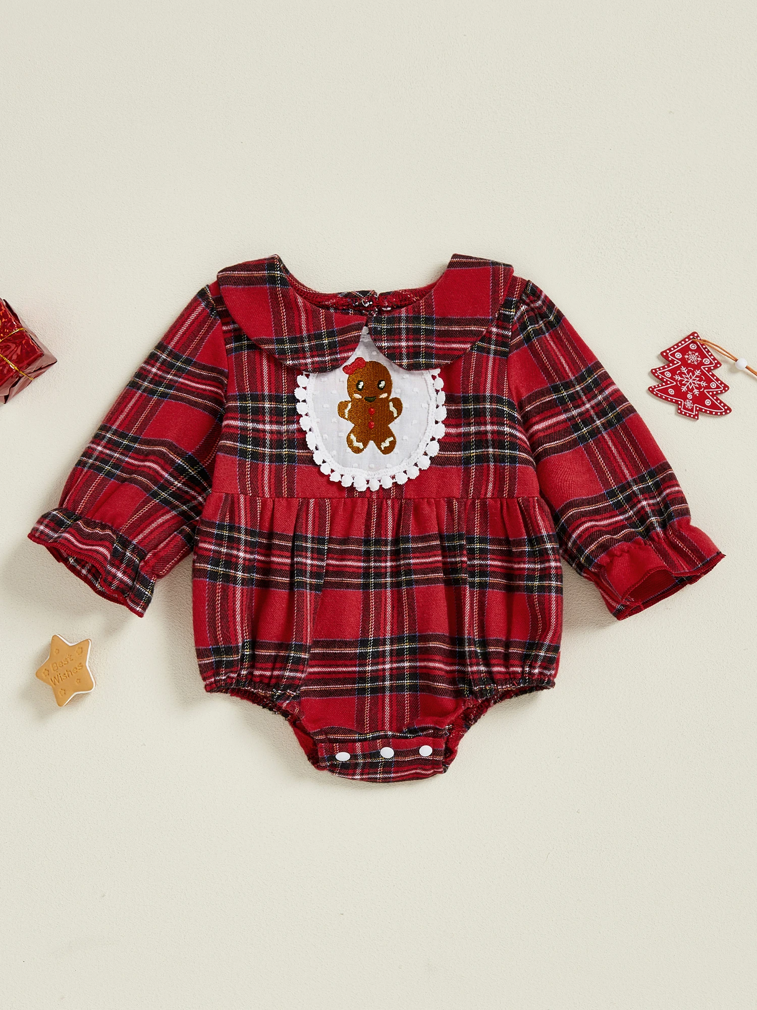 

Toddler Boy Christmas Plaid Overall Reindeer Embroidered Peter Pan Collar Long Sleeve Jumpsuit Adorable Winter Outfit for Fall