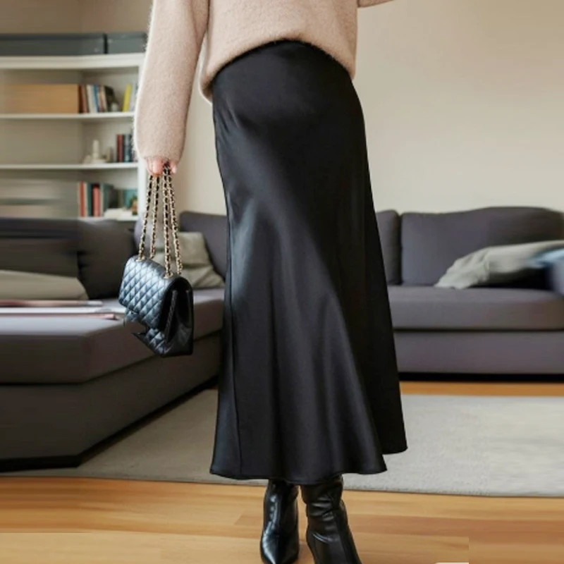 HXAO Eleganter Midi-Satinrock für Damen, Sommer 2026, gepunkteter A-Linien-Rock mit hoher Taille, glatt, in den Farben Schwarz, Weiß, Grün, Khaki. – Detail 10