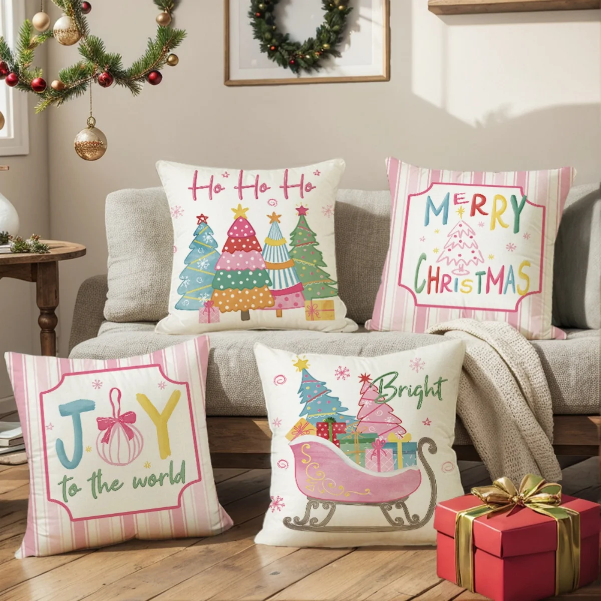 Pink Pastel Christmas Tree Sleigh 4Pcs Throw Pillow Covers, Home Decor Cushion Cases for Sofa Bedroom