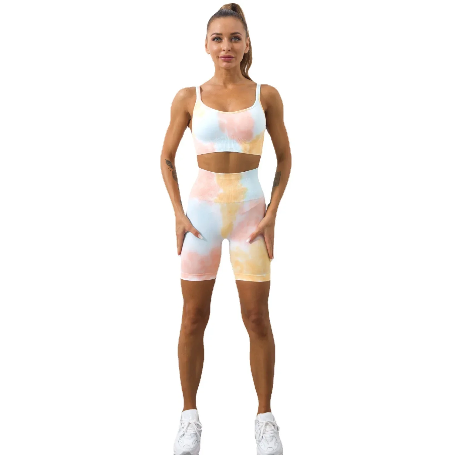 2/3Pcs Seamless Tie-Dyed Yoga Sets Sports Fitness High Waist Hip-lifting Pants Beauty Back Bra Suits Workout Gym Leggings Sets