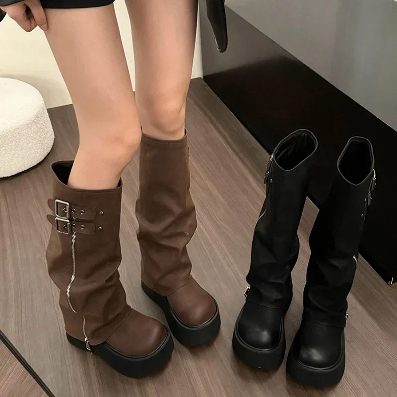 Chunky Women Knight High Boots Fashion Platform Flats Trouser Long Booties Autumn Winter Female Western Cowboy Shoes