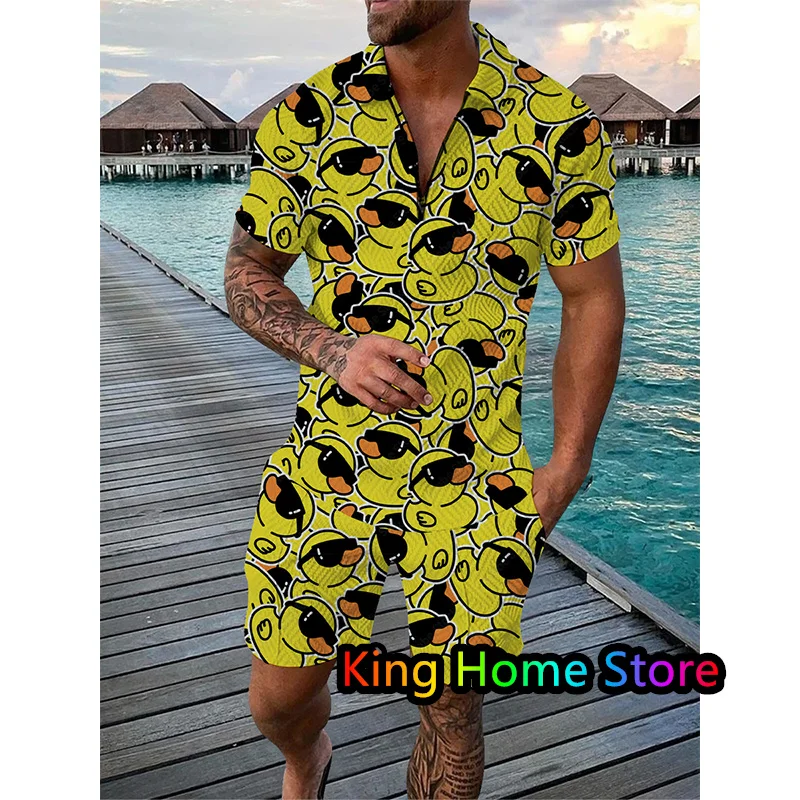 

Fashion Sportswear Polo Set Men's Luxury 3D Cartoon Duck Streetwear Polo TShirt Shorts 2 Piece Set Men Oversized Clothing Set