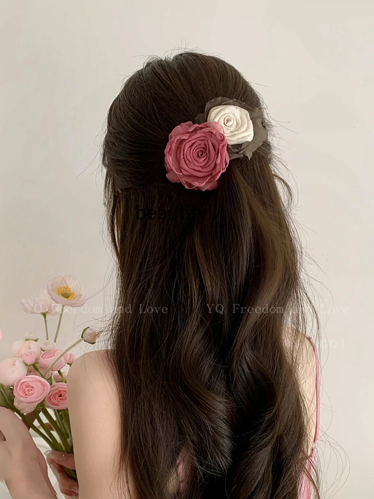 Chinese Style Dried Rose Flower Barrettes Brooch High Sense Back Head Loose Clip Decoration