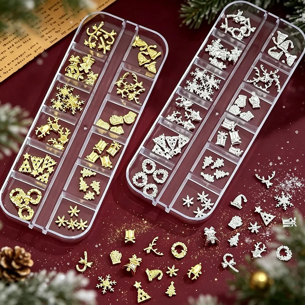 12grids Metal Gold Silver Christmas Nail Charms 3D Snowflakes/Elk/Gloves/Bell/Christams Tree Nail Gems New Year Nail Decor Diy%8