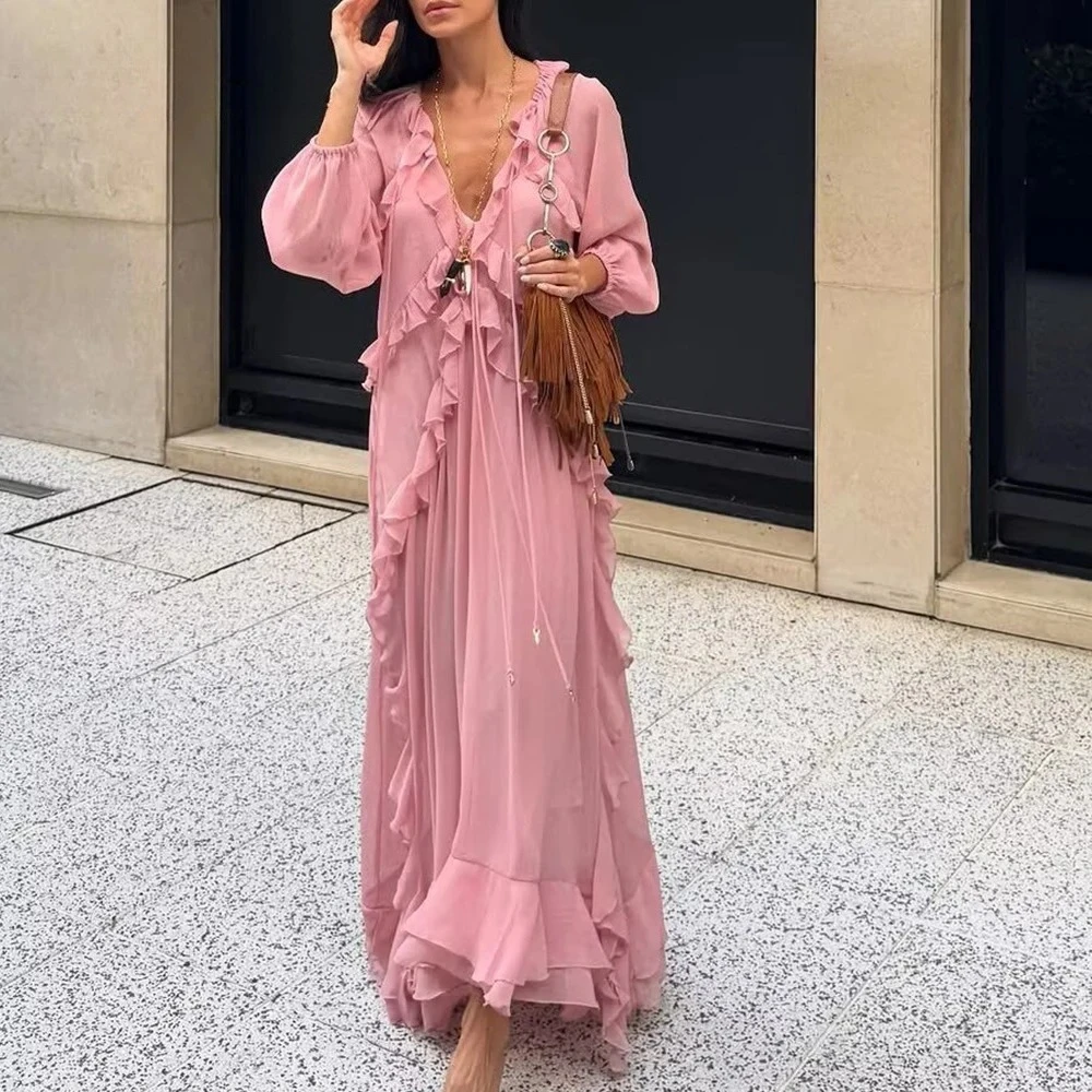 Kondala 2025 verão casual em camadas vestidos femininos rendas com decote em v vestido drapeado manga longa solta moda mujer vestidos