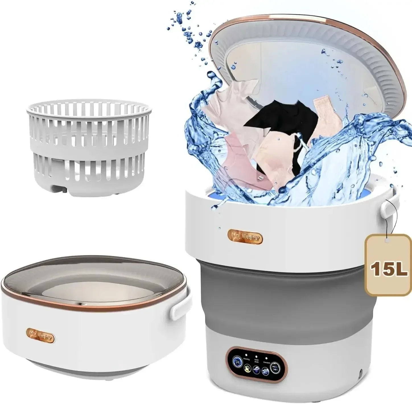 Mini Portable Washer Foldable 15L High-Capacity Spin Basket for Underwear Pants & Socks with Hidden Drainage Pipe