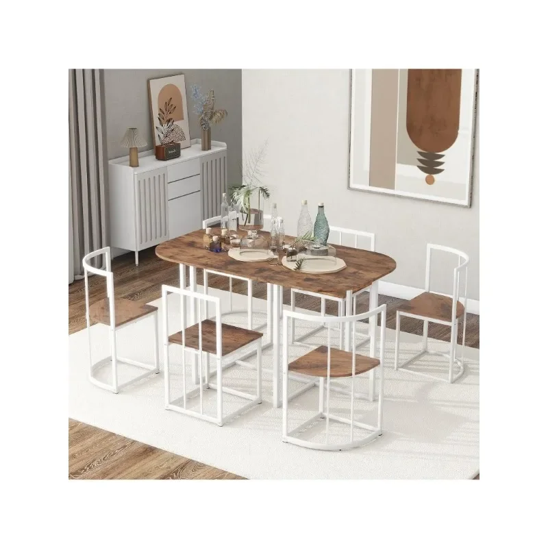 ZHENXIANG 7 Piece Faux Marble Kitchen Dining Room Table Set with Chairs of 6, with Industrial Table and Chairs with Metal Frame