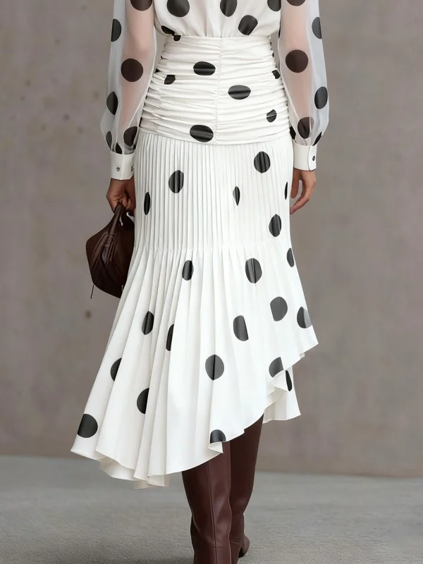 Modigirl Women's Vintage Polka Dot Chiffon Sets 2026 Spring Shirt Asymmetric Skirt Sheer Sleeves Tops for Office Urban Ladies image 5