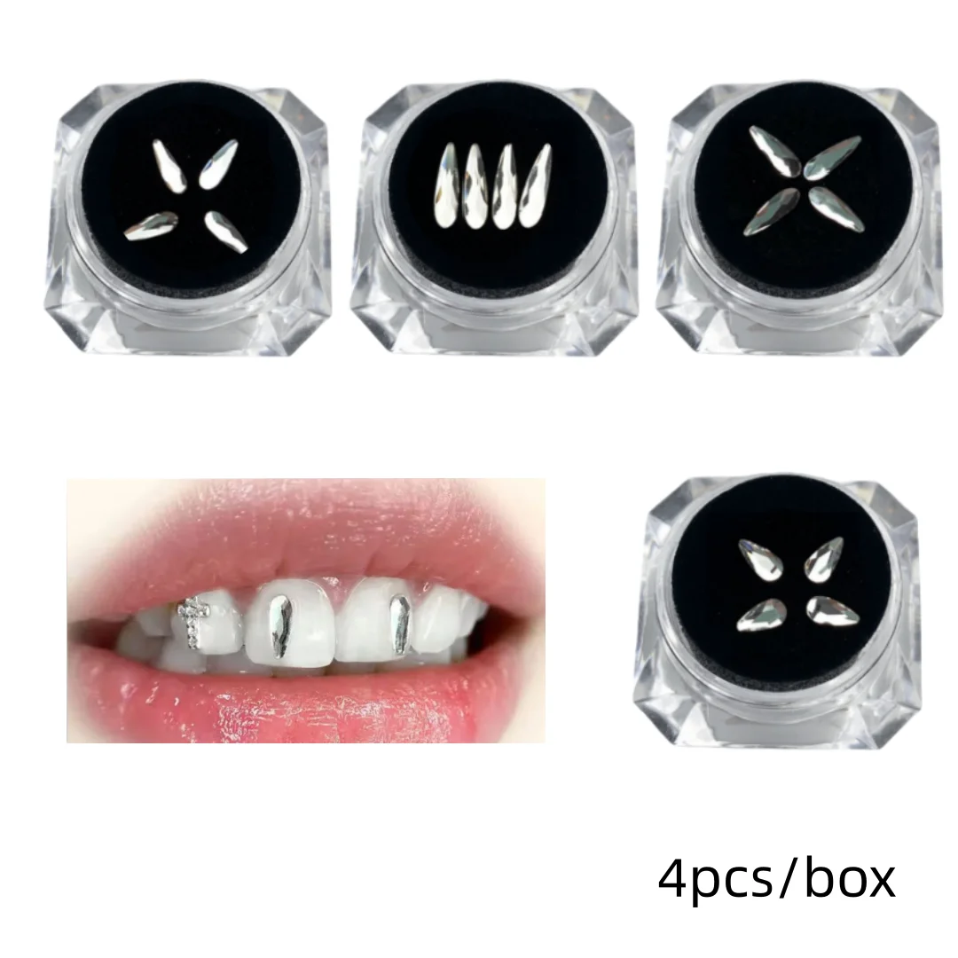 4 szt./pudełko Przezroczyste krople do dekoracji zębów DIY, szklane ozdoby, modny dodatek do uśmiechu na co dzień i na imprezy