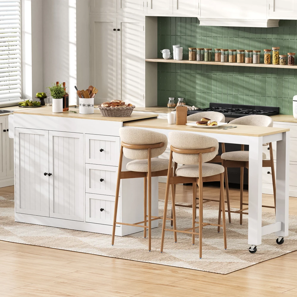 Isla de cocina móvil sobre ruedas con encimera extensible, estante para especias y cajones, mesa de cocina multifunción para cocina