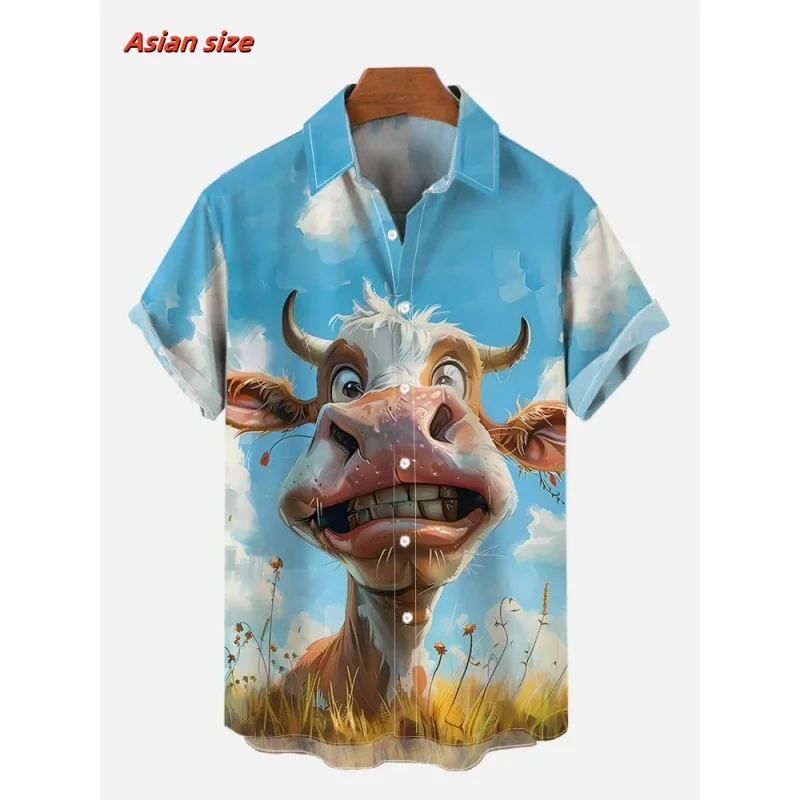Dog Parrot Chicken Cow Pattern Hawaiian Shirt For Men Animal 3D Printed Short Sleeve Tops Casual Lapel Aloha Shirts Loose Blouse