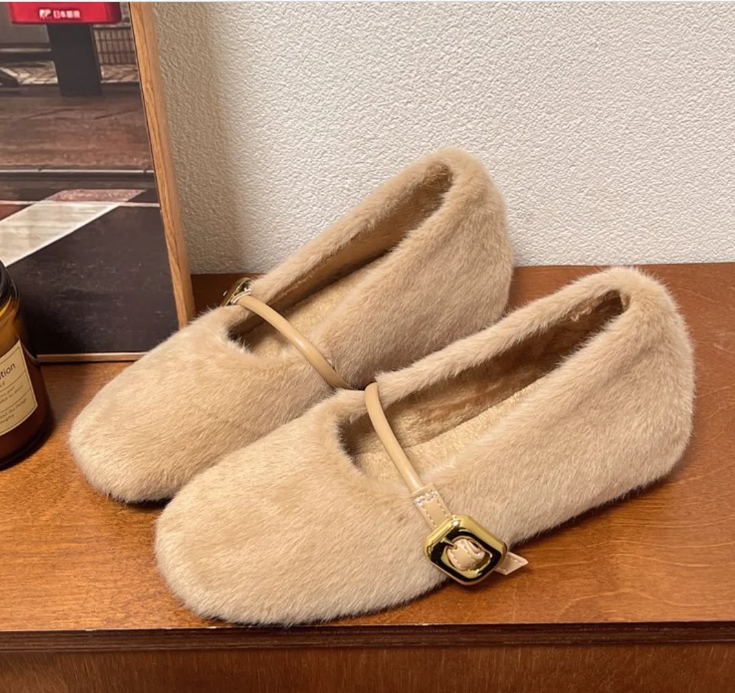 Fashion Faux Fur Warm Cotton Women Flats Shoes Comfort Internal Increase Soft Plush Mary Jane Shoes Elegant Women's Party Shoes