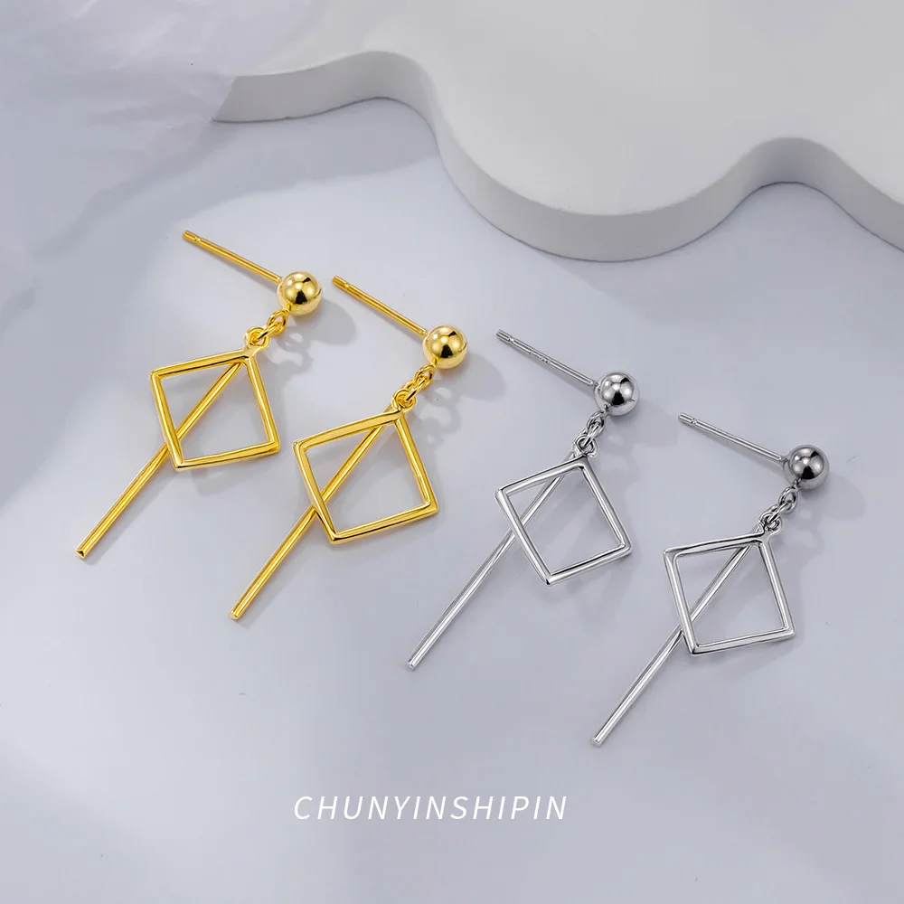

Stud Earrings for Women, Minimalist Geometric Square Earrings in 925 Sterling Silver, Long Korean Style Earrings