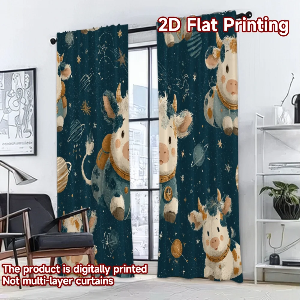 2D FLAT PRINTING 2pcs Curtains (Without Rod) Space Adventures with Cows Pattern Chic Curtains 100% Polyester Curtains Valentine