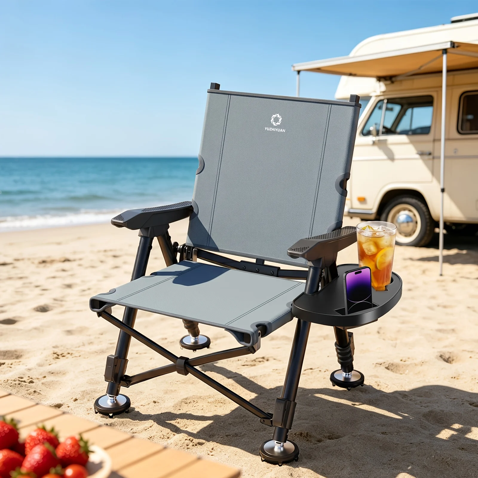 Folding Camping Chair Set with Side Tray, Adjustable Portable Reclining Chair for Outdoor Fishing, Beach and Camping