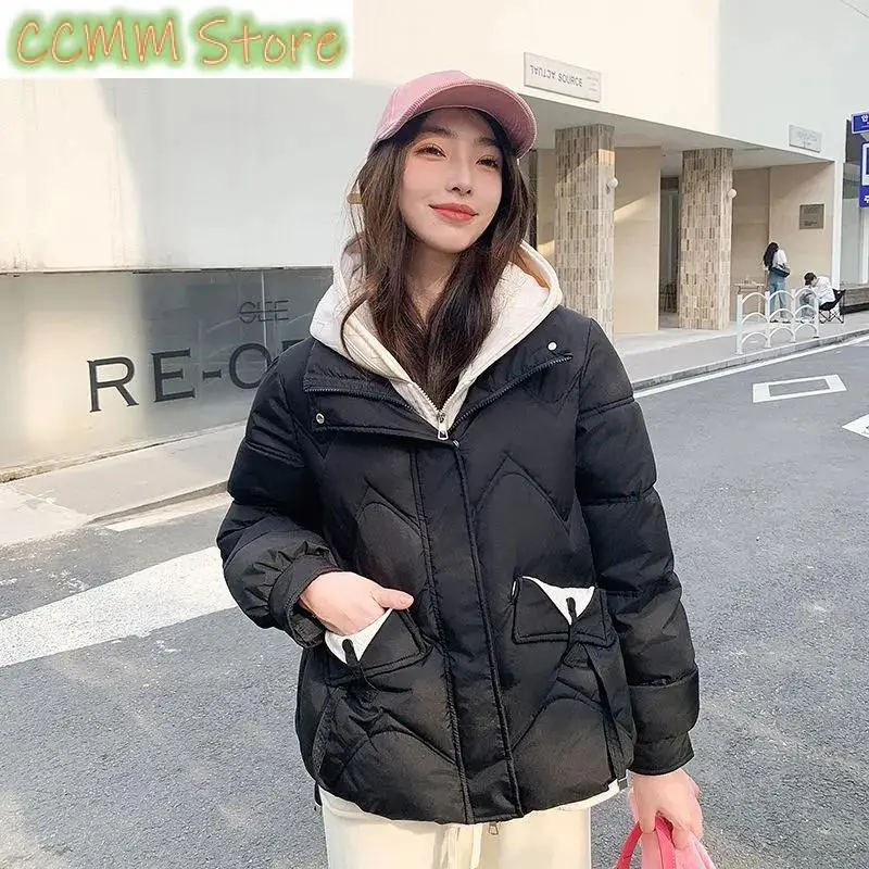 New Winter Fashion Parkas Fake two items Short Coats Women's Down Cotton Jacket Thick Hooded Tops Female Casual Outwear