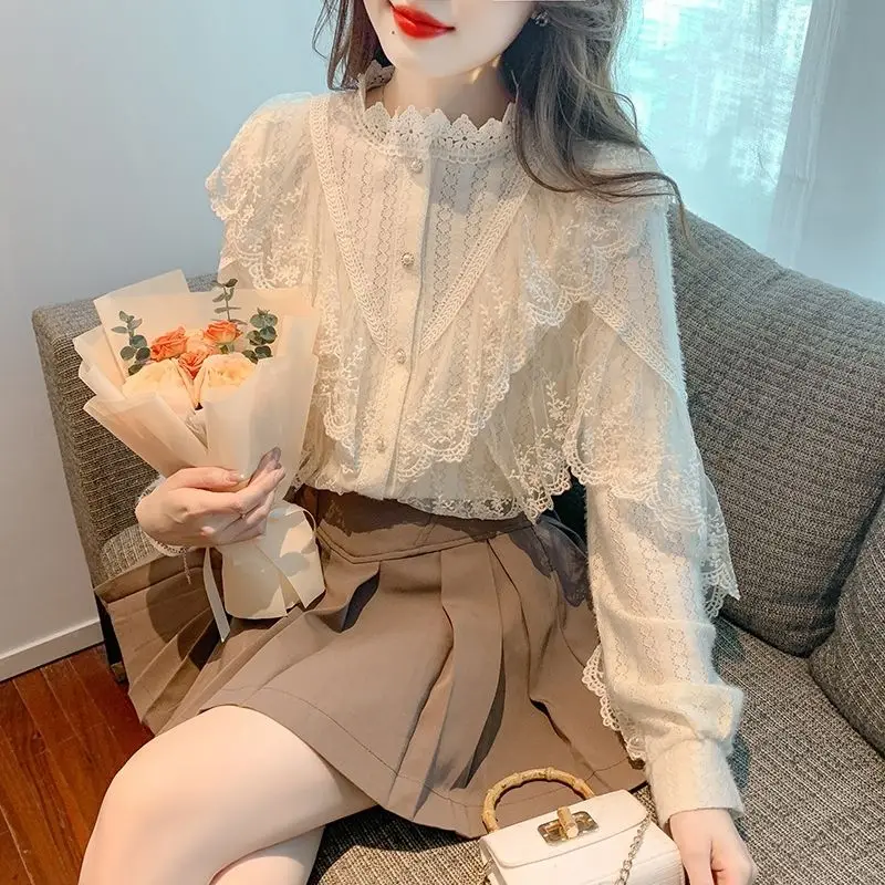 Vintage Sweet Lace Shirt Autumn Women Elegant Long Sleeve Blouses Korean Office Lady Casual Fashion Tops Femme Blusas TT753