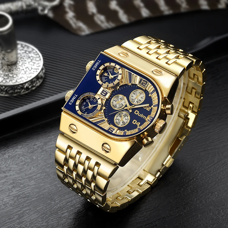 Oulm 9315 Silver Gold Blue Quartz Watches Men Luxury Brand 3 Time Zone Military Wristwatch Male Clock Full Steel Watch