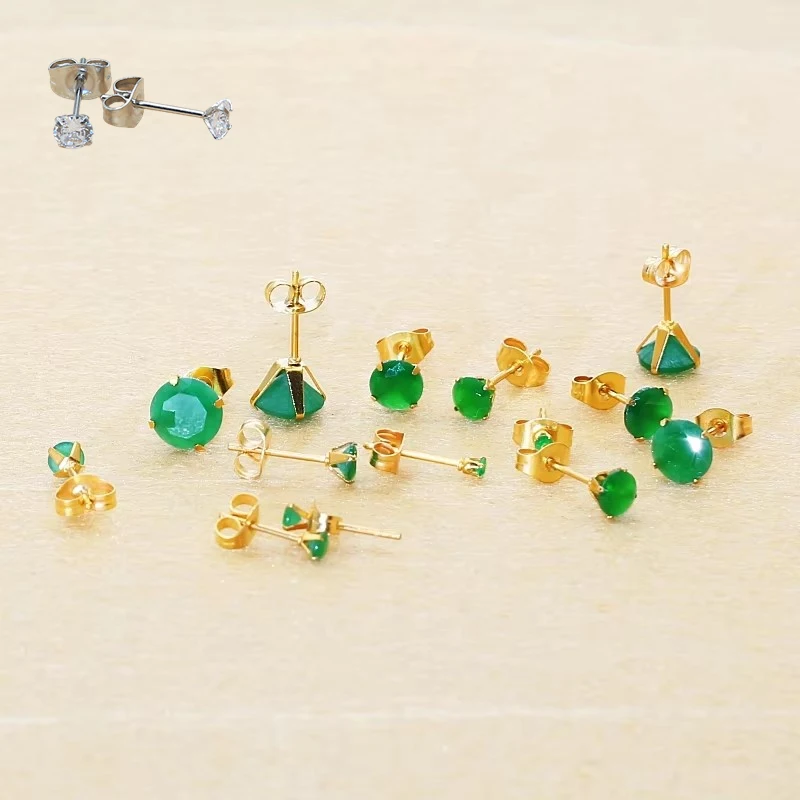 316l الفولاذ المقاوم للصدأ مع خمر الأحجار الزجاجية الخضراء قرط الاذن المرصع IP تصفيح لا تتلاشى الحساسية الحرة جودة مجوهرات هدية