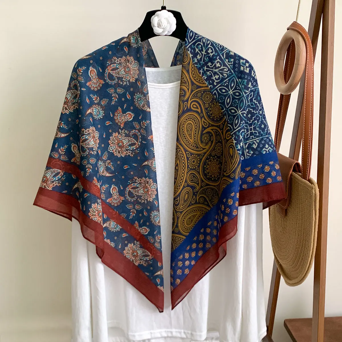 

New110 French Vintage Gradient Multi-Color Large Scarf Women Sun Protection Shawl Hair Wrap, Breathable Faux Silk Cotton Hijab