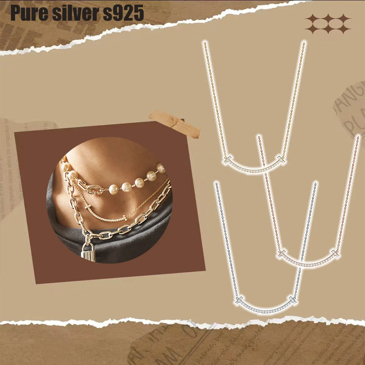 

Pure silver s925 necklace High end fashion temperament versatile smile necklace with light luxury and diamond inlay