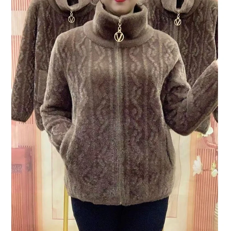 Middle Aged and Elderly Women Winter Fashion Imitation Mink Fleece Thick Warm Coat Mother Casual Long Sleeve Loose Zipper Jacket